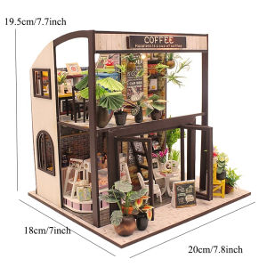 Wooden Dollhouse Miniature DIY Doll House Kit Handmade Creative Room with Furniture for Romantic Valentines Gift Time of Coffee