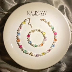 KALINAW Cute Smiley Face Rainbow Colored Necklace & Bracelet Set