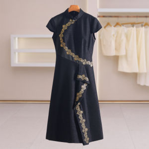 High Custom Hand-Embroidery Sequins Fitted Mandarin Collar Womens Dress