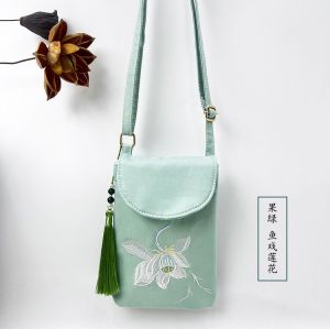 Floral Canvas Phone Bag Womens Crossbody Mini Hanfu Multi-layer Traditional Chinese Clothing Coin Key Bag Japanese Style