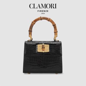 Black Crocodile Print Calfskin Tote Bag