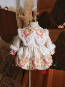 Winter Chinese Style Baby Girls Birthday Party Dress Childrens Clothing Flag Robe Year Old Baby New Year Visit Clothes