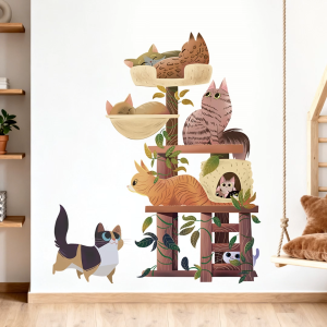 Decal giấy dán tường Cat tree mèo ngủ dễ thương Có keo sẵn Trang trí phòng khách phòng bé