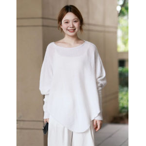 BINKAFENNY | เสื้อสเวตเตอร์คอกลมแขนยาวคุณภาพสูงสไตล์ฝรั่งเศส ทรงหลวม แขนกระดิ่งสีขาว ทรงไม่สมมาตร เสื้อผ้าทำงานสไตล์เกาหลีสำหรับผู้หญิง