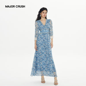 Blue French Beach Vacation Style Lace Cuff Dress
