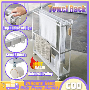 Movable Towel Stand Rack With Wheels Metal Floor Towel Rack With Hooks And Handle 3 Layer Towel Rack Floor Standing Bathroom Rack Laundry Drying Rack Home Storage Shelf Towel Rails