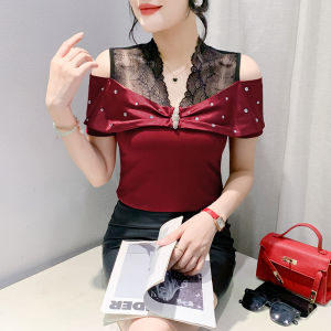 REHIN Summer New Designer Lace Short Sleeve Rhinestone T-Shirt - Fashionable and Chic Womens top Available in Sizes M-3XL
