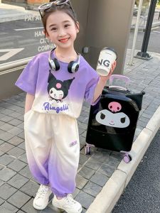 Girls Summer Gradient Sportswear Short Sleeve Quick Dry Two Piece Set Childrens Clothing Kawaii Anime Cartoon Kids Outfits