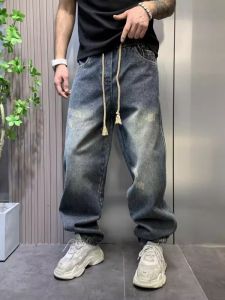 Washed Denim Pants Mens Casual Straight Leg Long Trousers American Retro Gradient Color Spring Autumn Season Wide Leg Draping