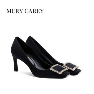 Black Velvet High Heels Womens Spring Autumn Square Head Buckle Horse Hoof Heel Niche French Style Thin Heel Single Shoes