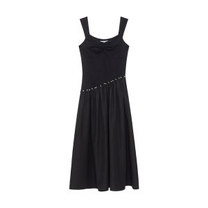 NIHAOKANONG | Đầm Halter Cổ Vuông Dây Kéo Dài A-Line Màu Đen