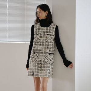Yigue | French Style Black White Grid Sleeveless Jacket Dress