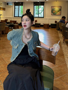 Retro Washed Denim Short Jacket Women Summer Trendy Casual Shoulder Stripe Shirt Short Sleeve round Neck Single Button Coat