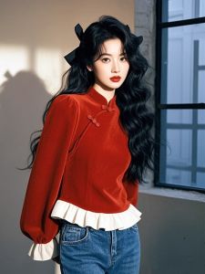 Red Velvet Top Womens Loose Fit New Years Fashionable Base Shirt Chinese National Style New Design Comfortable Elegant Womens Clothing