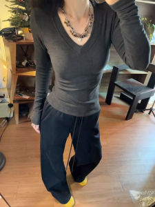 Áo Thun Nữ Màu Xám Cạp Cao Dài Tay Cổ Chữ V Dáng Ôm Vừa Vặn Thời Trang Thu Đông Xuân Mùa Hè Phong Cách Hàn Quốc