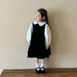 Elegant Velvet Dress for Girls Black Vest Polo Skirt Childrens Clothing Autumn Season Princess Style Soft Fabric Medium Thick