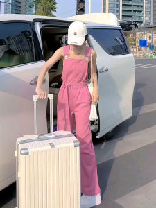 Summer 2025 Womens Loose Fitting High Waist Pink Denim Overalls Waist-Cinching Wide Leg Pants Casual Workwear Design