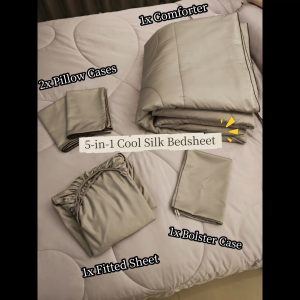 KYLIN Ice Silk-like Cooling Bedsheet 5in1 Fitted Sheet 40cm Queen King with Comforter (2500TC)