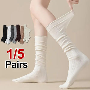 1/5 Pairs Elegant Ribbed Women Solid Color Calf Socks Soft Comfortable Fashionable Spring Autumn Casual Boots Stacking Socks