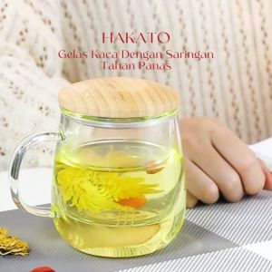 HAKATO Tea Coffee Glass Mug Cup Cangkir Gelas Kaca Kopi Teh Set Dengan Saringan Infuser Tutup Kayu
