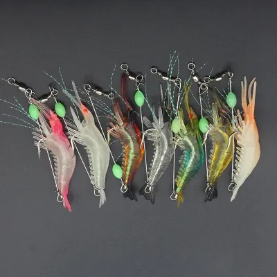 7PCS/Lot Shrimp Soft Fishing Lure 9cm/6g Artificial Bait With Luminous Bead Swivels Hook Lifelike Shrimp Lure Carp Fishing Bait