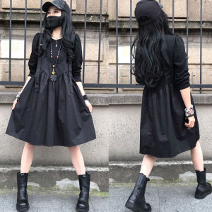 Elegant Black Pleated Midi Dress Slimming Waist Design Autumn Collection Commute Style High Waist Cotton Blend Long Sleeve