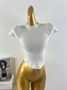 Áo Len Dệt Kim Tay Bồng Cổ Cao Kiểu Pháp Cho Nữ Mùa Hè Mới Không Đều Mềm Mại Thân Thiện Với Da Áo Ngắn Cơ Bản