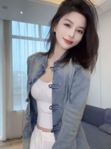 Fashionable Trendy Short Denim Shirt Women Outerwear Personality High-End Feeling Autumn Season Long Sleeve Stand Collar Button Detail