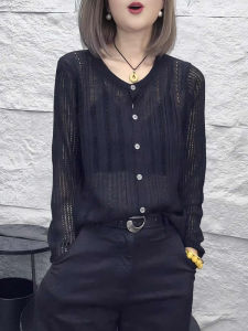 Black Hollow out Long Sleeve Knitted Cardigan Womens Commute Style Versatile Loose Slimming Top for Spring 2025 plus Size