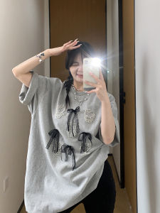 Loose Lace Butterfly Knot Short Sleeve Womens T-shirt Chic Design Casual Style Cotton Oversize T-shirt Citywalk Commute Daily