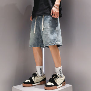 Summer Mens Ripped Elastic Waist Jeans Shorts Trendy High-End Feeling Blue Large Size Five-Part Casual Pants Youth Pop Style