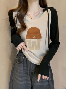 Contrast Shoulder Plugging Hoodie Design V Neck Large Size Womens T-Shirt