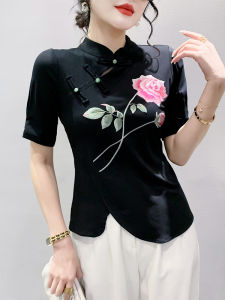 Chinese Style Retro Buckle T-shirt Womens Short-Sleeved Summer Wear European Goods Fashion Irregular Slit Tops Elegant Small Shirt Fashion