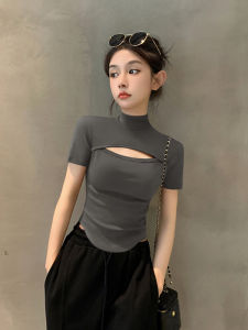 Summer New Womens Slim Fit Hollow out Short Sleeve T-Shirt Half High Collar Asymmetrical Hemline Cotton Polyester Blend