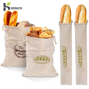 Konco Linen reusable bread bag French baguette drawstring bag cotton Baking packing bag