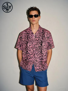 S&Y Pink Leopard Print Cuban Collar Short Sleeve Mens Shirt Atmosphere Feeling Holiday Style Polyester Fiber Casual Shirt