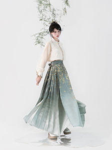 Original Ming Dynasty Hanfu Gradient Silk Jasmine Womens Skirt Floral Weave Gold Embroidery Traditional Chinese Style Summer 2023