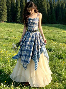 Ge·an·fei | French Blue Check Halter Neck Summer Irregular Long Dress
