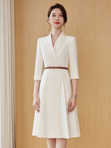 Elegant Formal Suit Dress High Waist Polyester Blend Seven Sleeve Button up Womens Fashion Business Casual White Dress