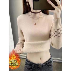 Womens Thickened Half-High Collar Knitted Sweater Fleece Lined Base Layer Shirt Autumn Winter Fashion Commute Slim Fit Butterfly Knot