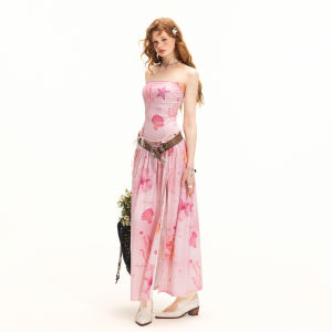 Unifree | Pink Ocean Print Loose Slit Beach Resort Long Dress