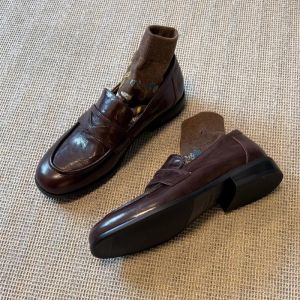 Giày Loafer Nữ Da Bò Cổ Điển Mũi Tròn Dáng Dễ Mang Màu Đen/Nâu Phong Cách Thông Thường Thoải Mái Đế Mềm Gót Cao Su Mũi Vuông