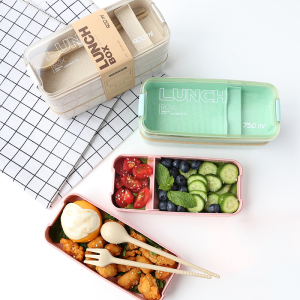 3 Layers Lunch Box Wheat Straw Stackable Leakproof Microwaveable Bento Box Picnic School Office Food Container 900ML