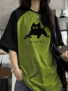 2025 Summer New Funny Cat Printed T-Shirt For Women Patchwork Short Sleeve Harajuku Tees Football Jersey Y2K Sports Loose Tops