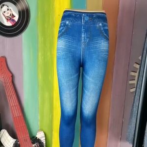 I fashion store 03309 ผู้หญิงเลียนแบบยีนส์พิมพ์กางเกงกางเกงเอวสูงกางเกงเอวสูงยืดเซ็กซี่