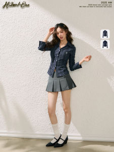 เสื้อเชิ้ตแขนยาวทรงสลิมฟิตลายทาง H2AN1 STUDIO ชุดกระโปรงสั้นเข้ารูปสไตล์นักศึกษา ชุดทำงานฤดูใบไม้ร่วง