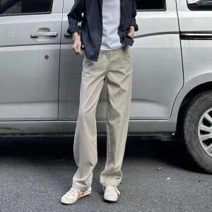 กางเกงขายาวทรงตรงผ้าฝ้ายลำลองเอวสูง ทรงหลวม สีกรมท่า สำหรับผู้หญิง แฟชั่นฤดูใบไม้ผลิ 2024 ทรงยาวคลุมเข่า