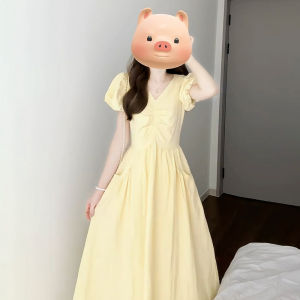 unifittoo | Elegant V-Neck Slimming Flared Sleeves Yellow Dress