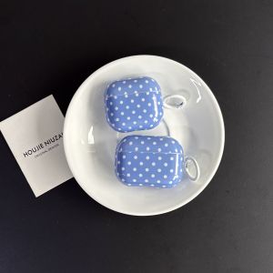 Simple Lovely Blue Polka Dot Pattern Glossy Protective Earphone Case with White Rings Cover for AirPods 1 2 3 4 Pro 2 Pro 3