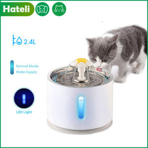 HATELI Cat Water Fountain Stainless Steel Ultra Quiet Cat Fountain 2.4L Pet Water Fountain Cat Water Dispenser with LED Night Vision for Cats Dogs